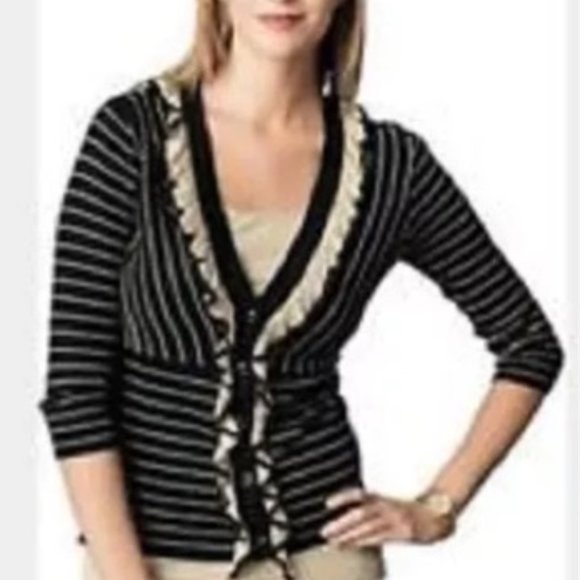 CAbi #276 The Flirt Black Beige Stripe Ruffle Cardigan Sweater - Picture 2 of 7